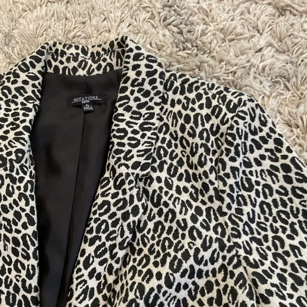 Notations‎ Petite Womens Leopard Print Blazer Black White Zipper Pockets PL